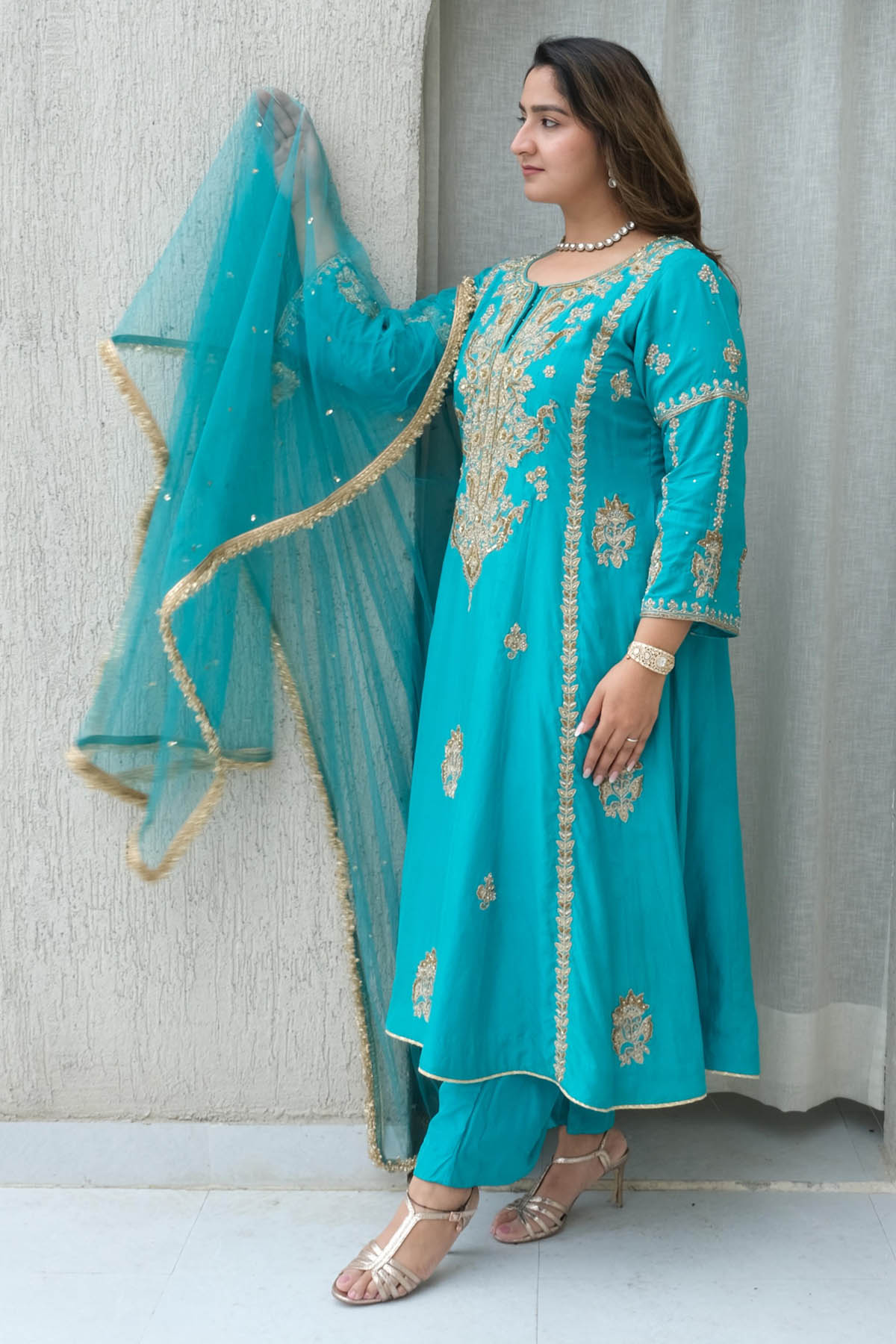 Firozi Silk Kalidar Kurta Set