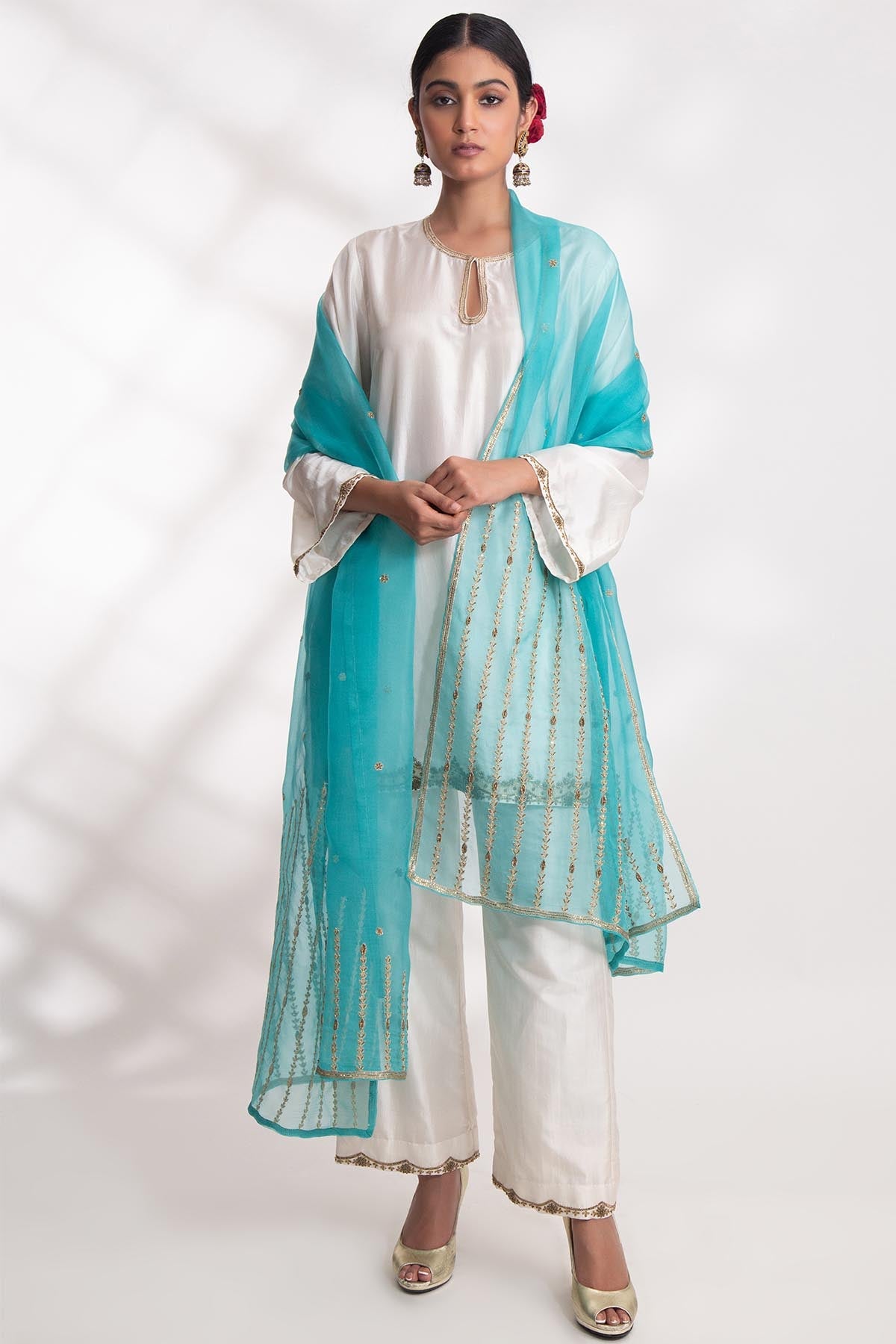 Chhaya Mehrotra Firozi Silk Organza Dupatta for accessories online at ScrollnShops