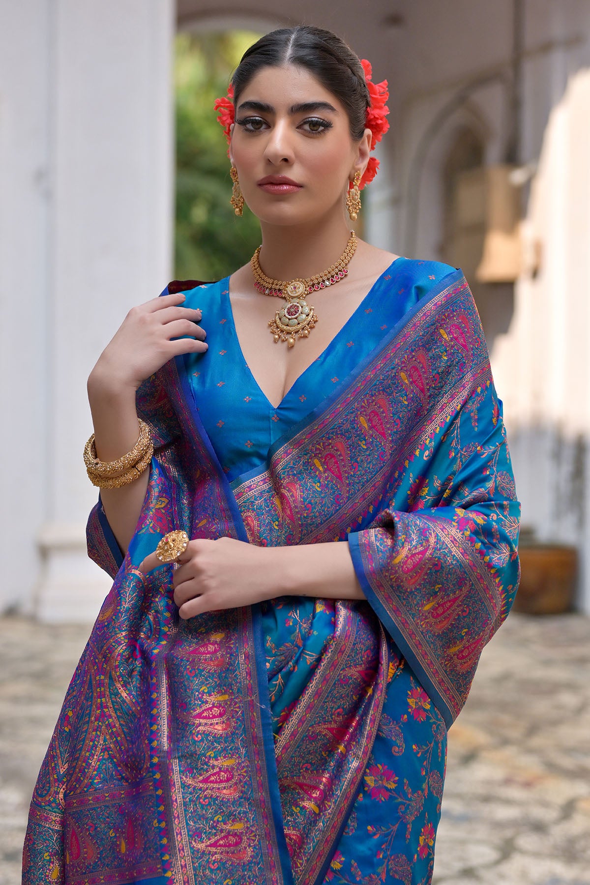 Firozi Silk Thread Woven Saree