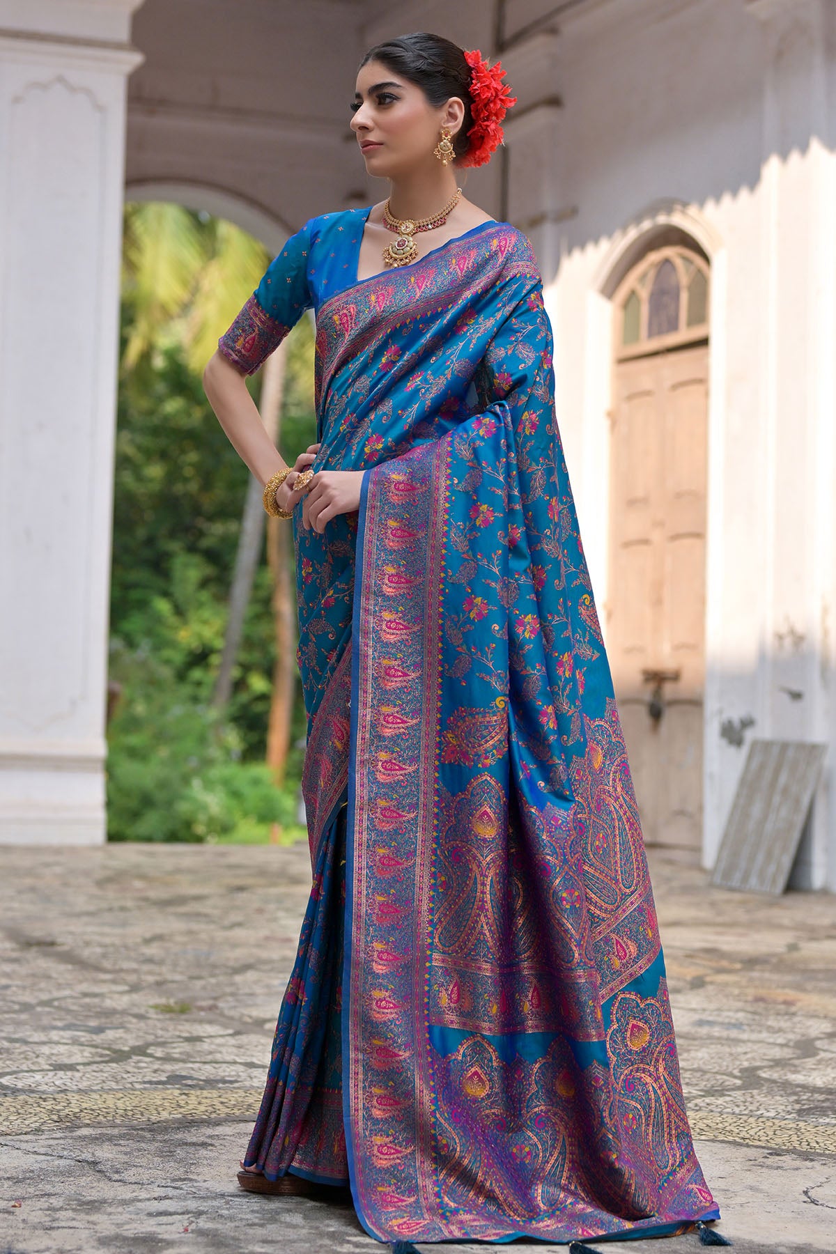 Firozi Silk Thread Woven Saree