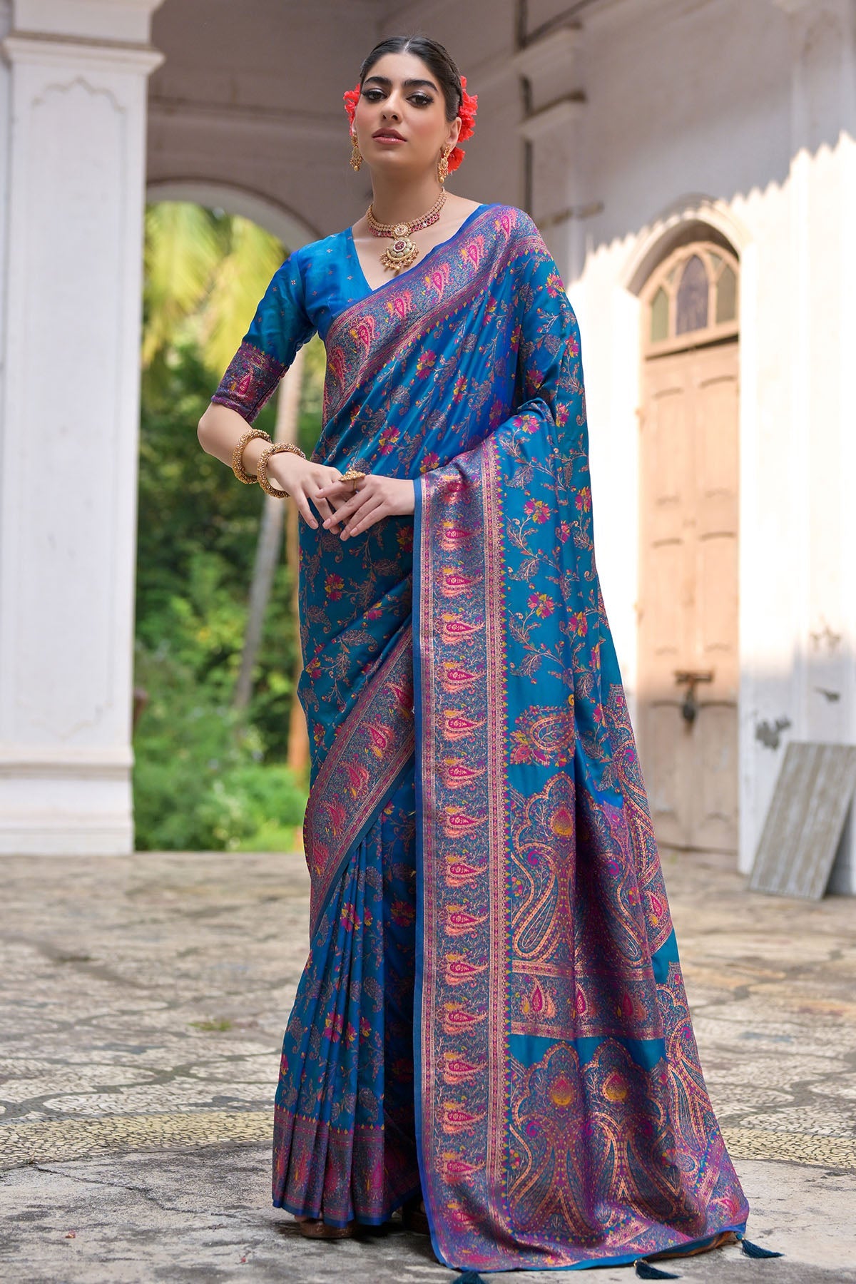 Buy Firozi Silk Thread Woven Saree by Lili Lala for women online at ScrollnShops