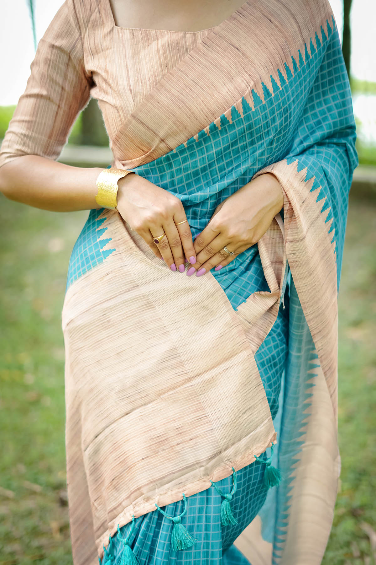 Firozi Tussar Silk Checked Saree