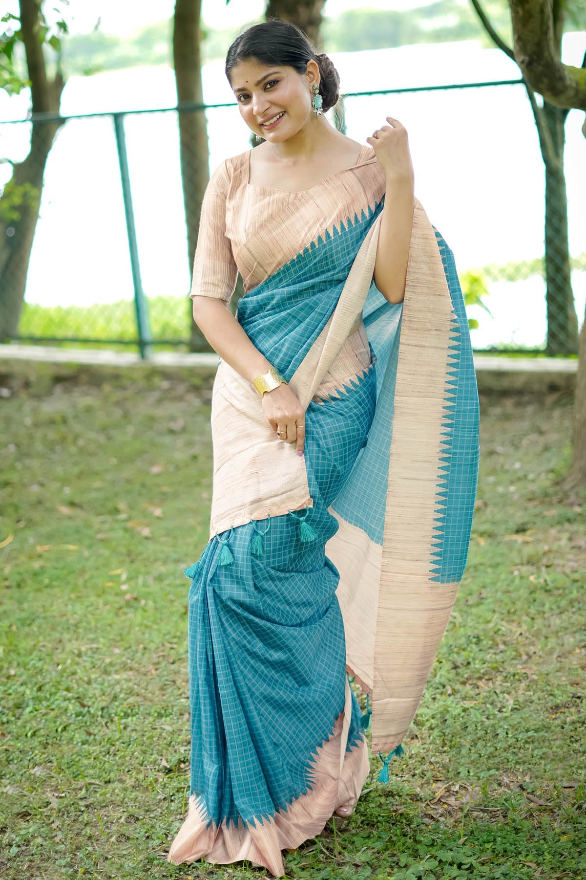 Buy Firozi Tussar Silk Checked Saree by Lili Lala for women online at ScrollnShops