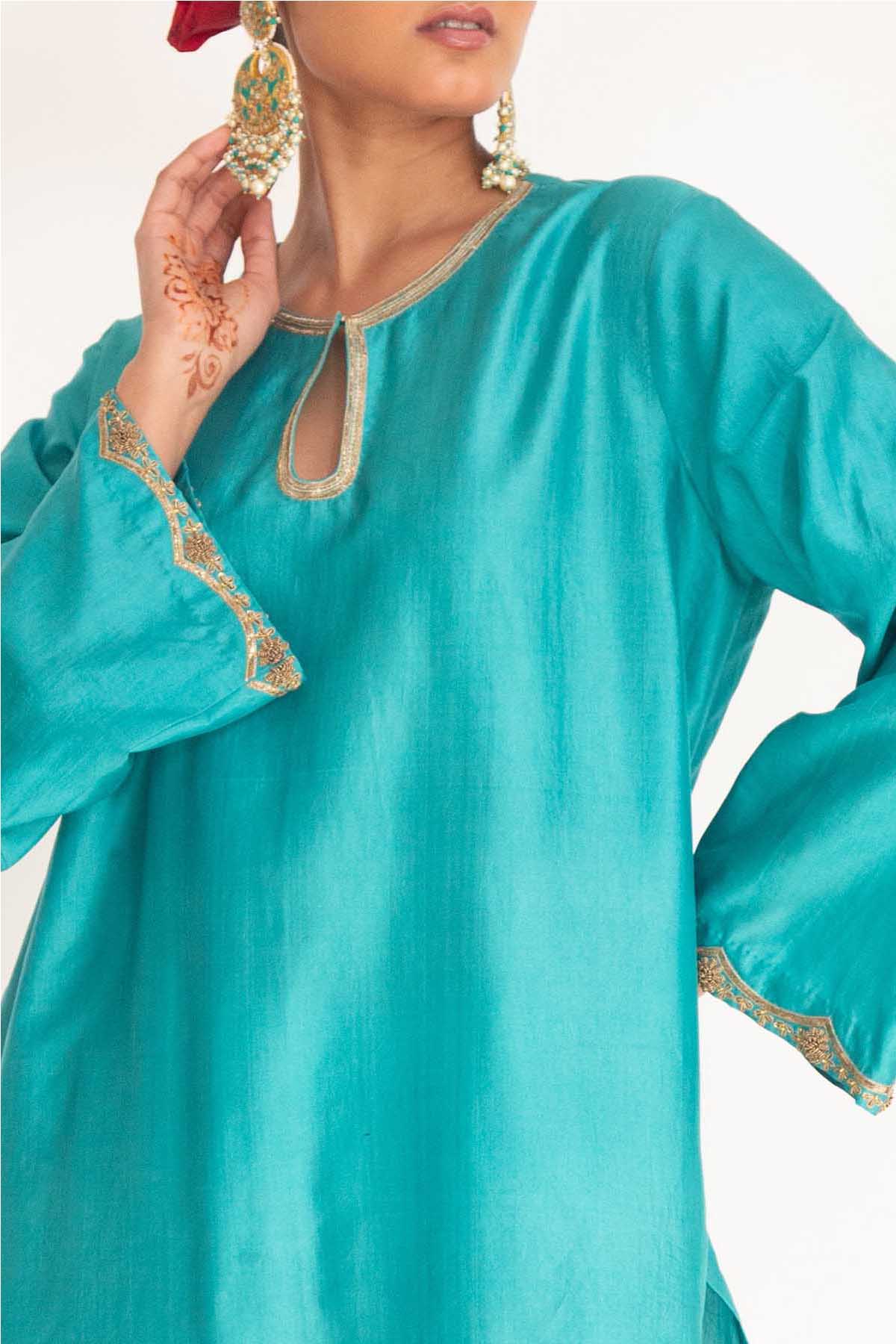 Firozi Zardozi Short Kurta Set