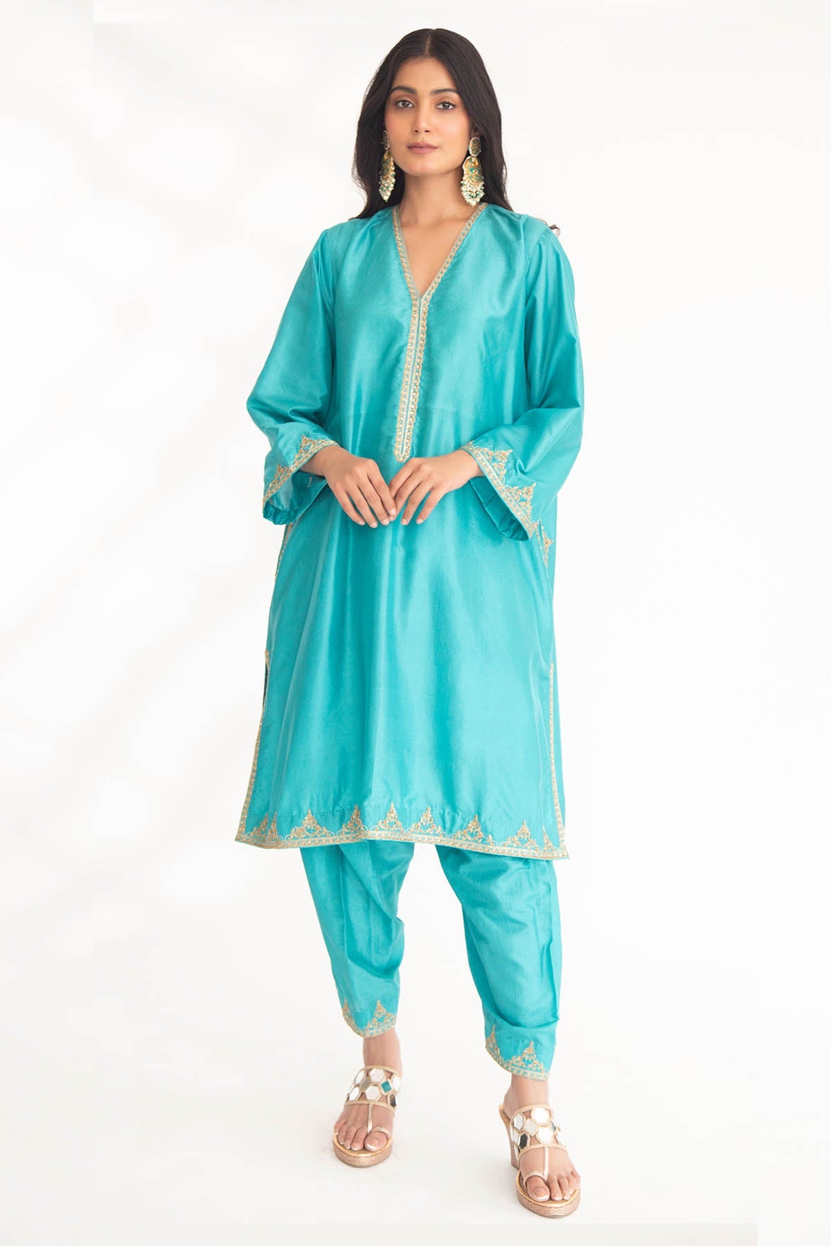 Chhaya Mehrotra Firozi Zardozi V-Neck Kurta Set for women online at ScrollnShops