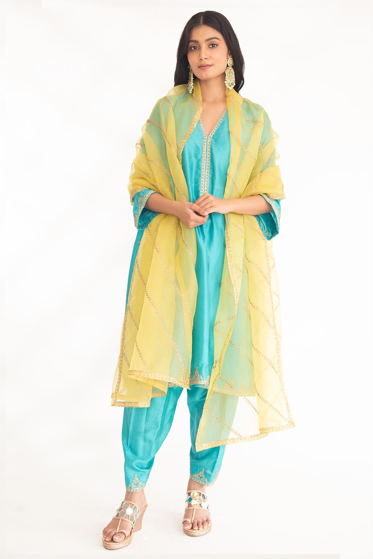 Firozi Zardozi V-Neck Kurta Set