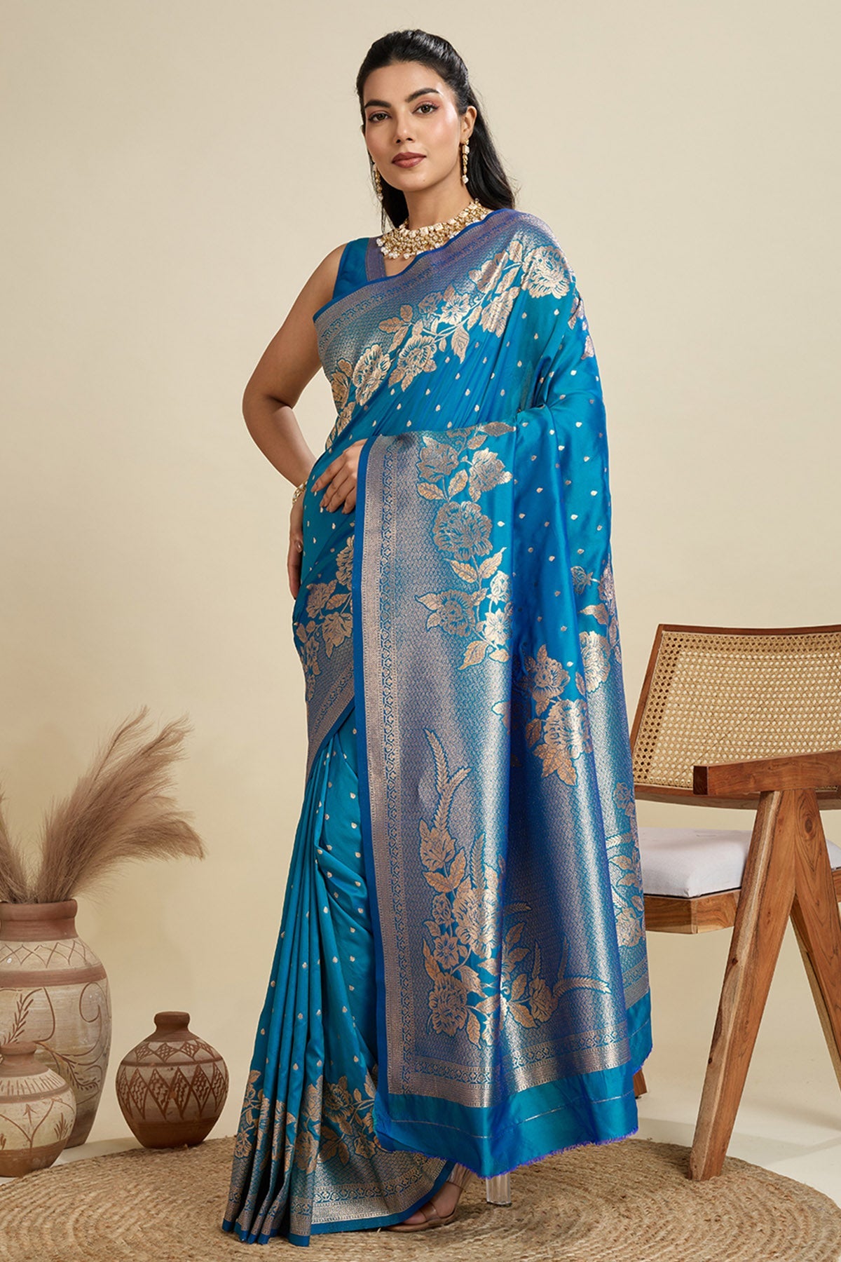 Buy Firozi Zari Banarasi Silk Saree for Women Online available at ScrollnShops