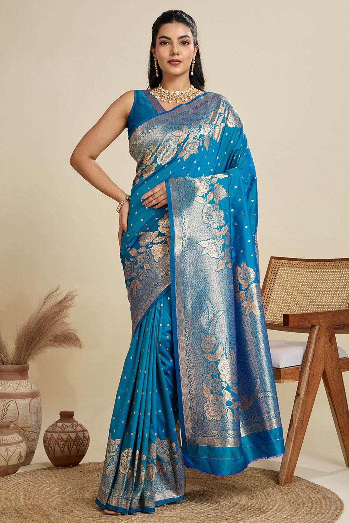 Firozi Zari Banarasi Silk Saree