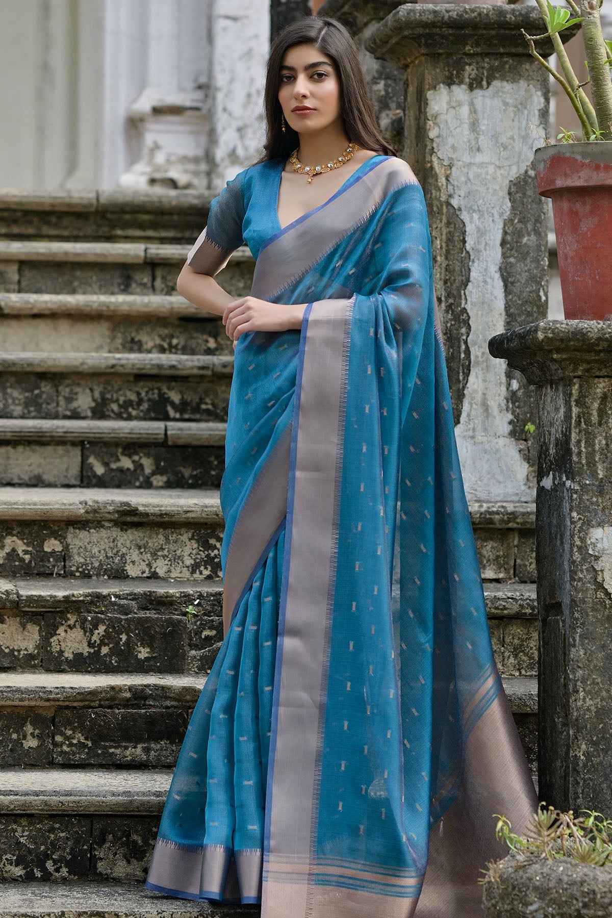 Buy Firozi Zari Woven Butti Saree for women by Lili Lala online available at scrollnshops