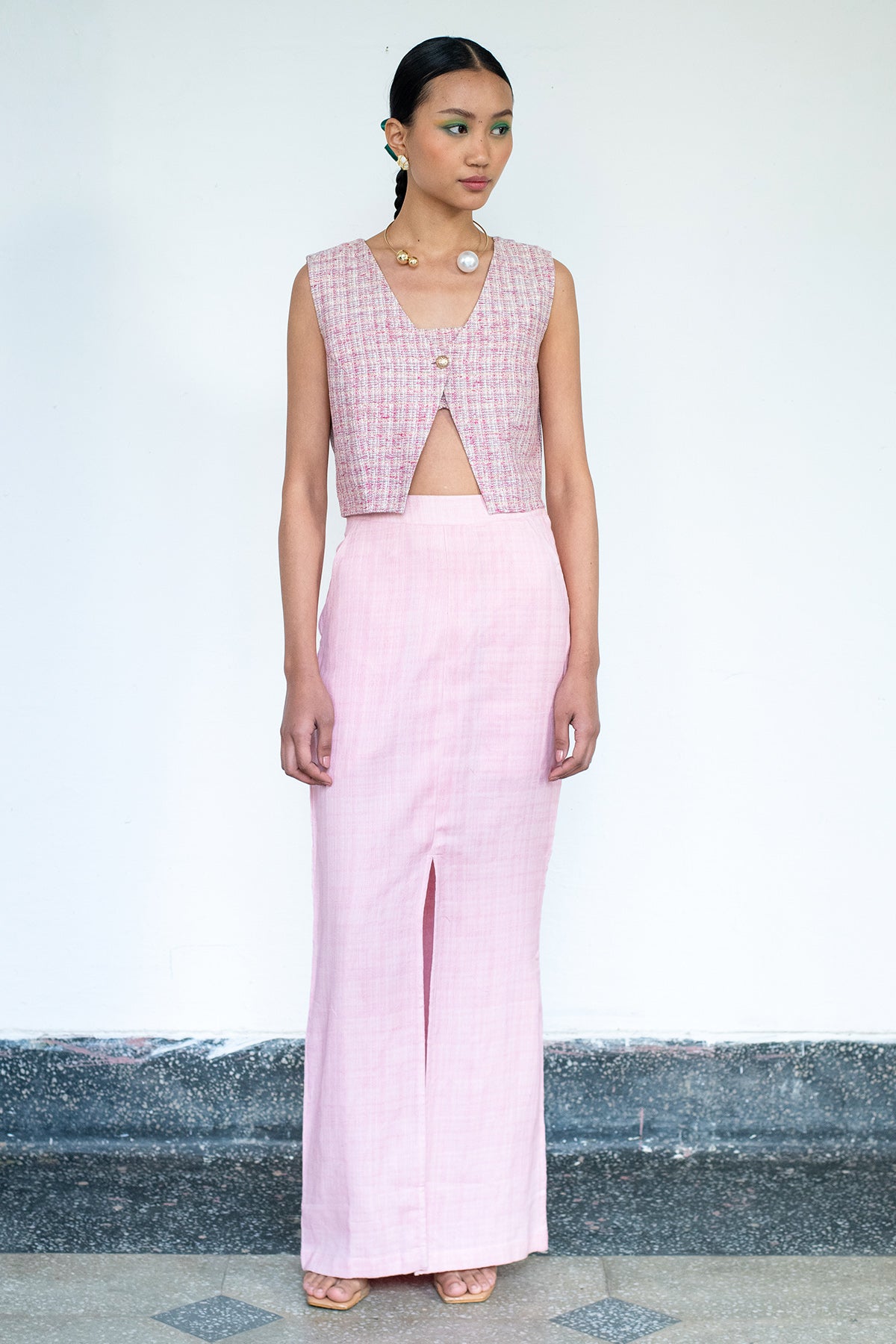 Flamingo Pink Linen Skirt Set