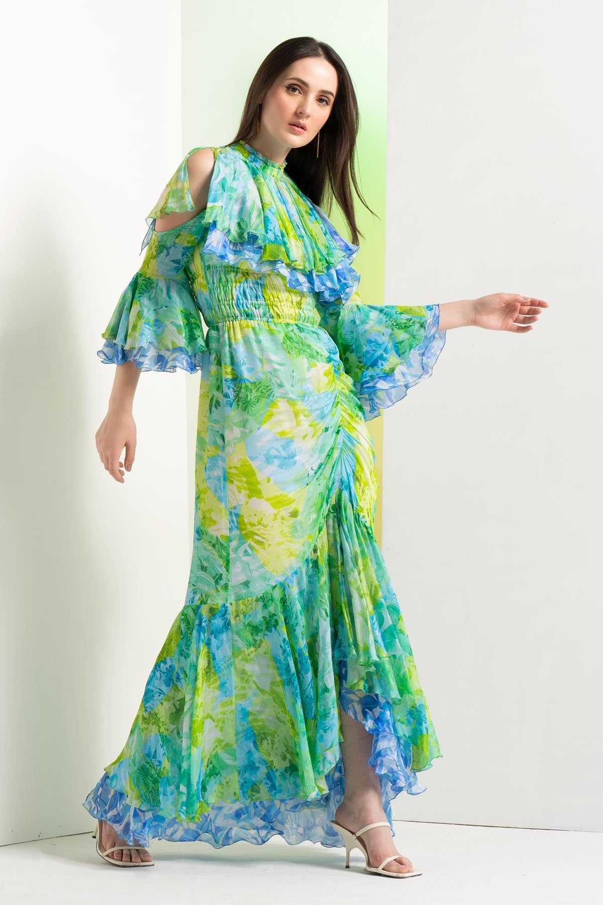 Floral Chiffon Fish Cut Dress