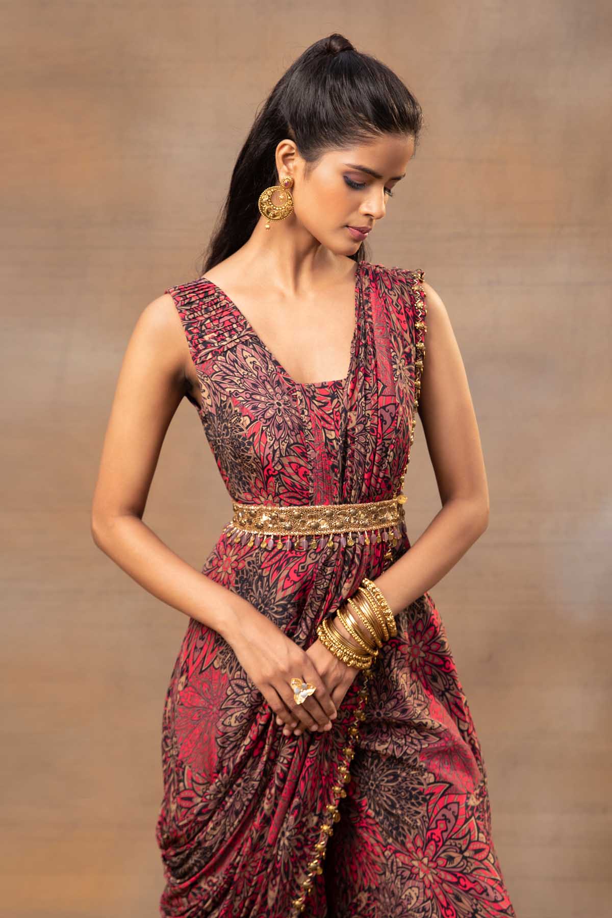 Floral Draped Red Jumpsuit