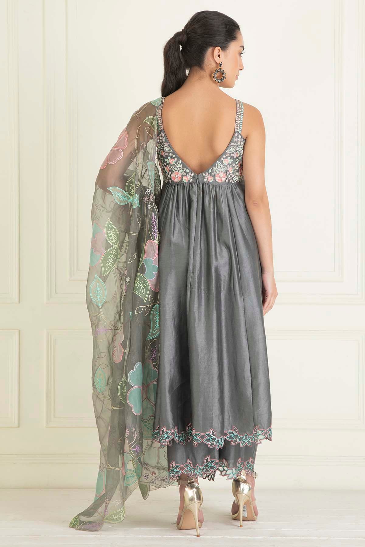 Grey Embroidered Floral Anarkali Set