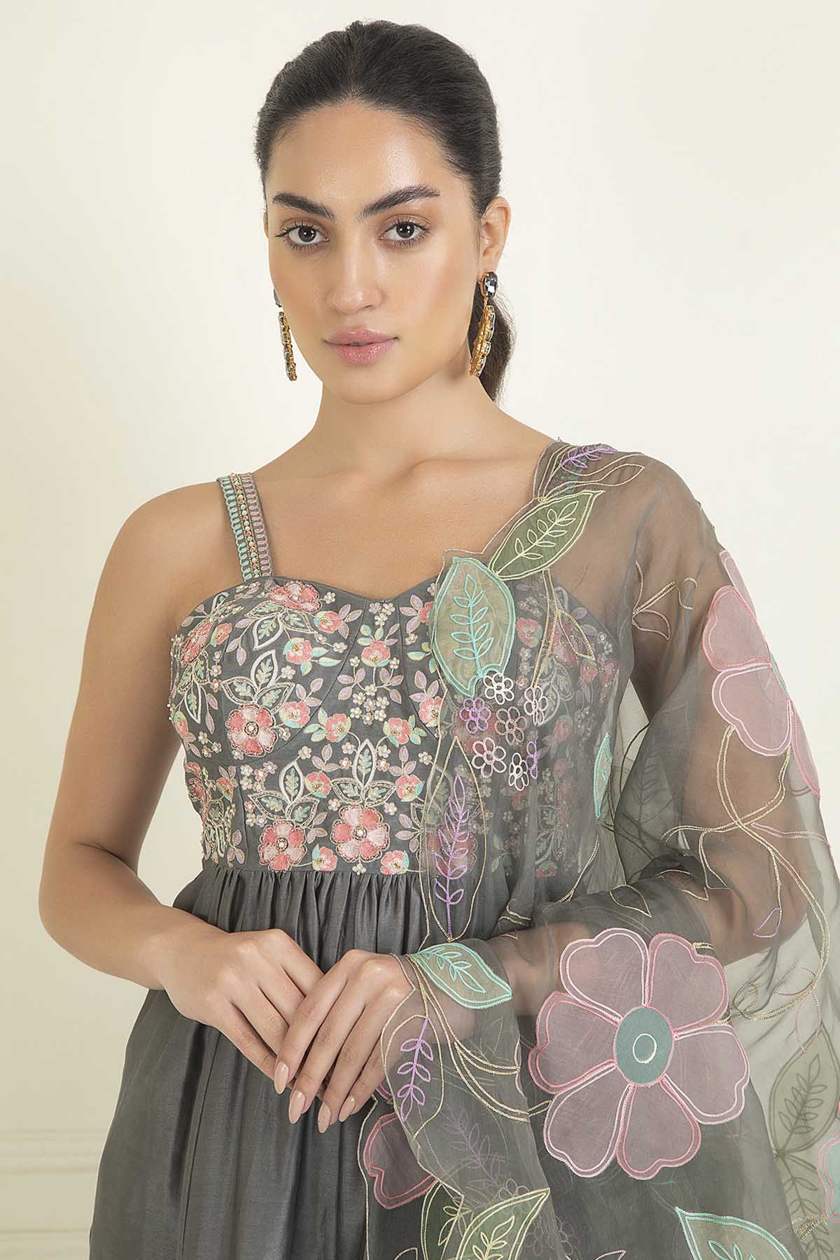Grey Embroidered Floral Anarkali Set
