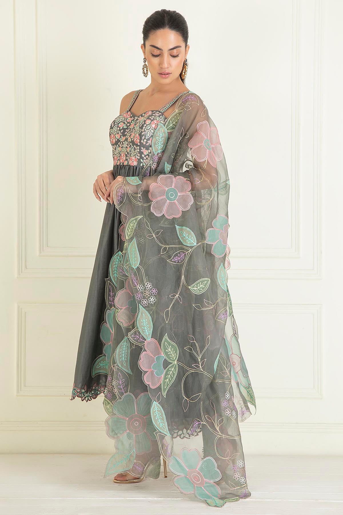 Grey Embroidered Floral Anarkali Set