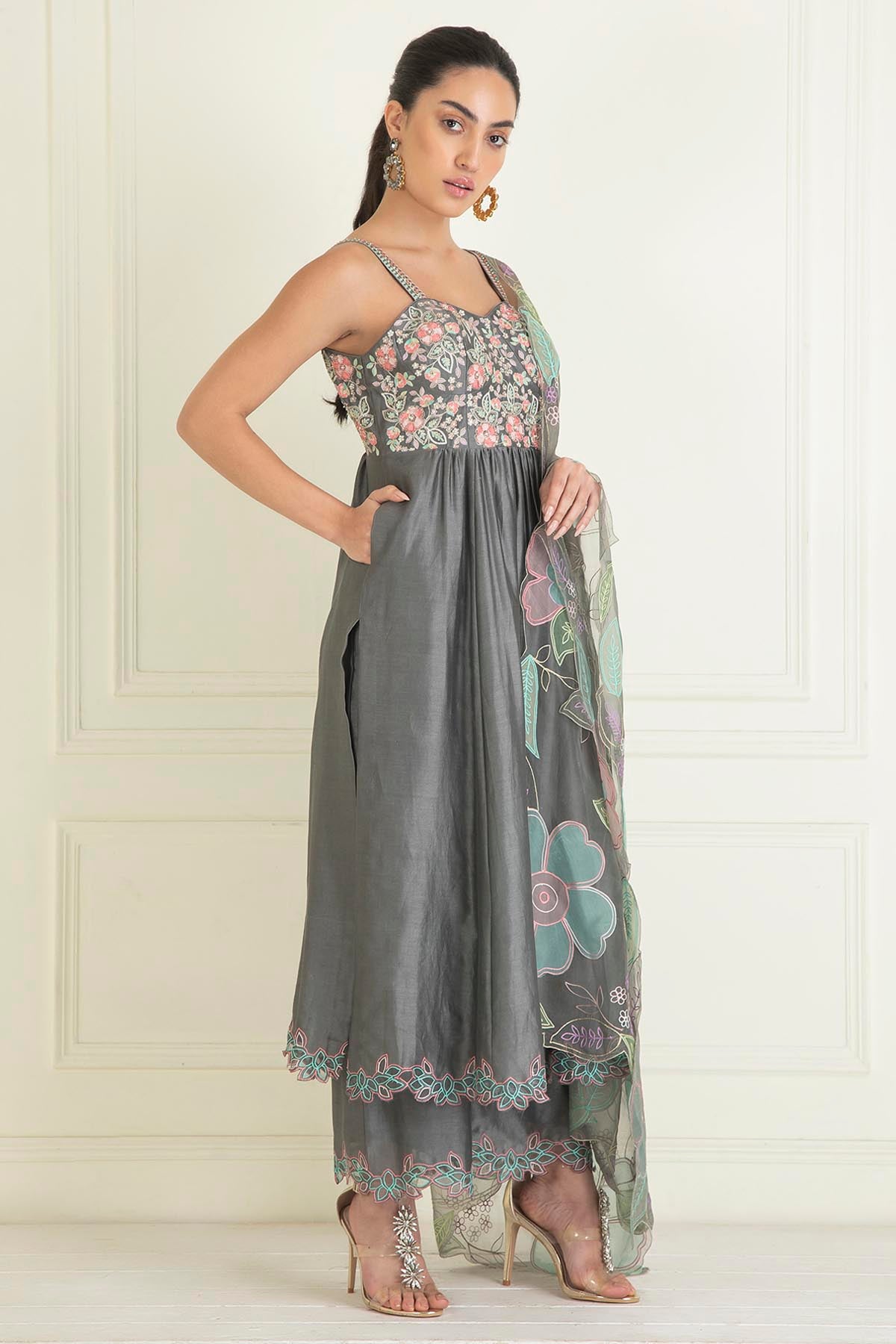 Grey Embroidered Floral Anarkali Set