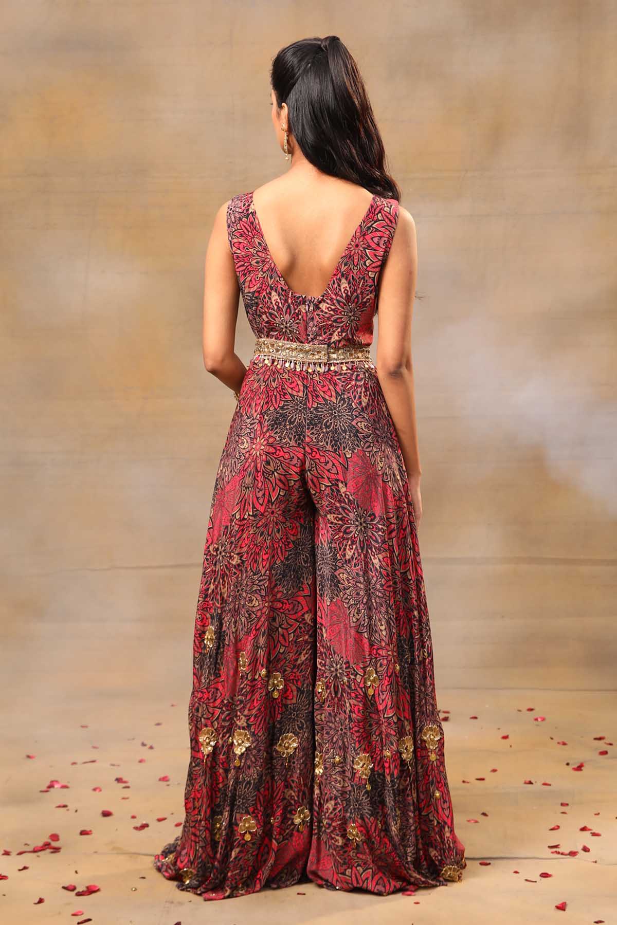 Floral Flared Red Jumpsuit