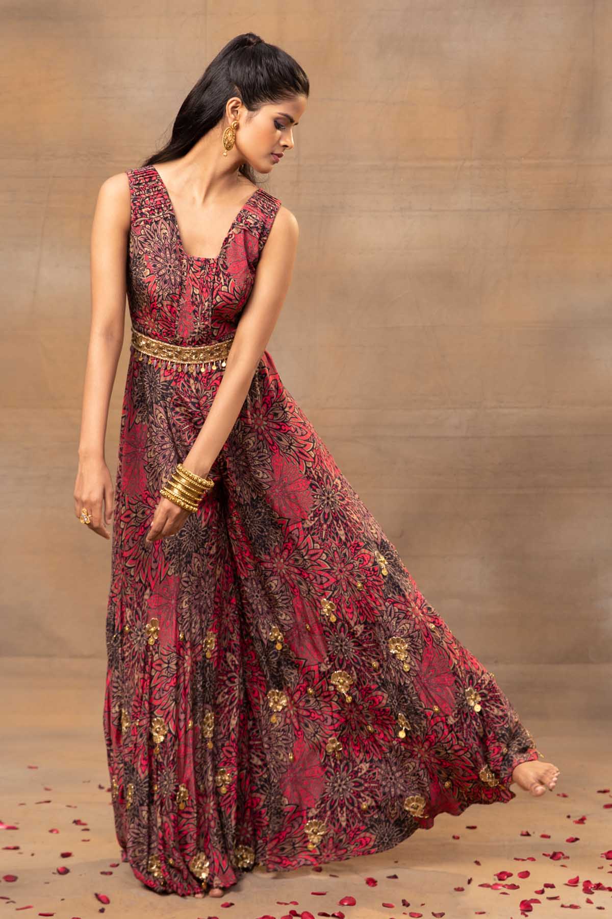 Floral Flared Red Jumpsuit