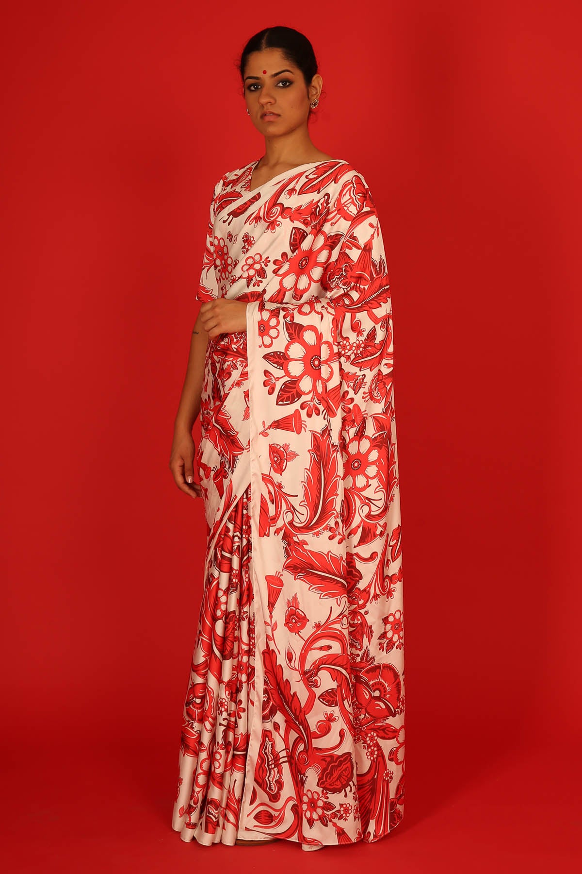 Floral Hand Painted Satin Saree