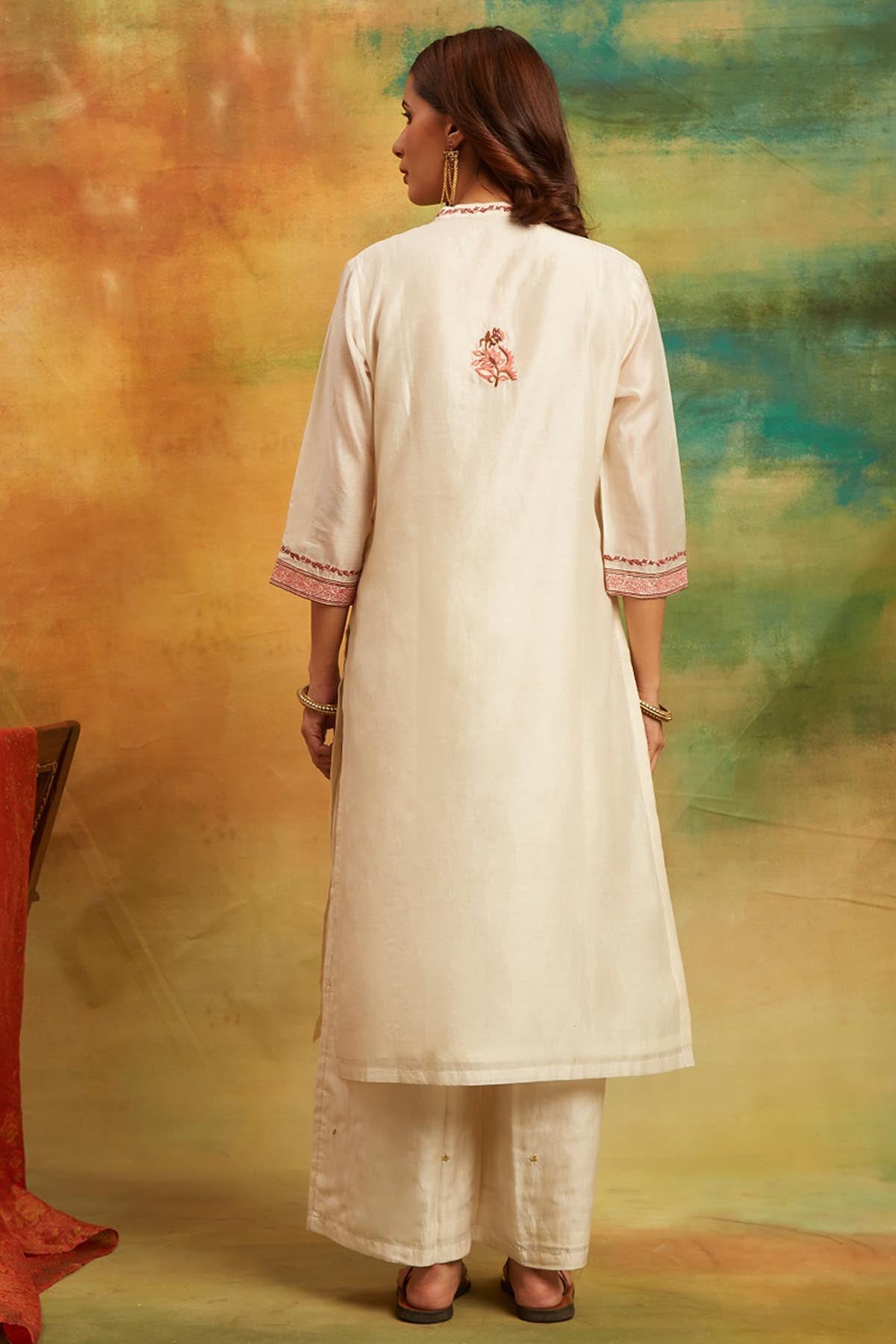 White Chanderi Floral Kurta Set