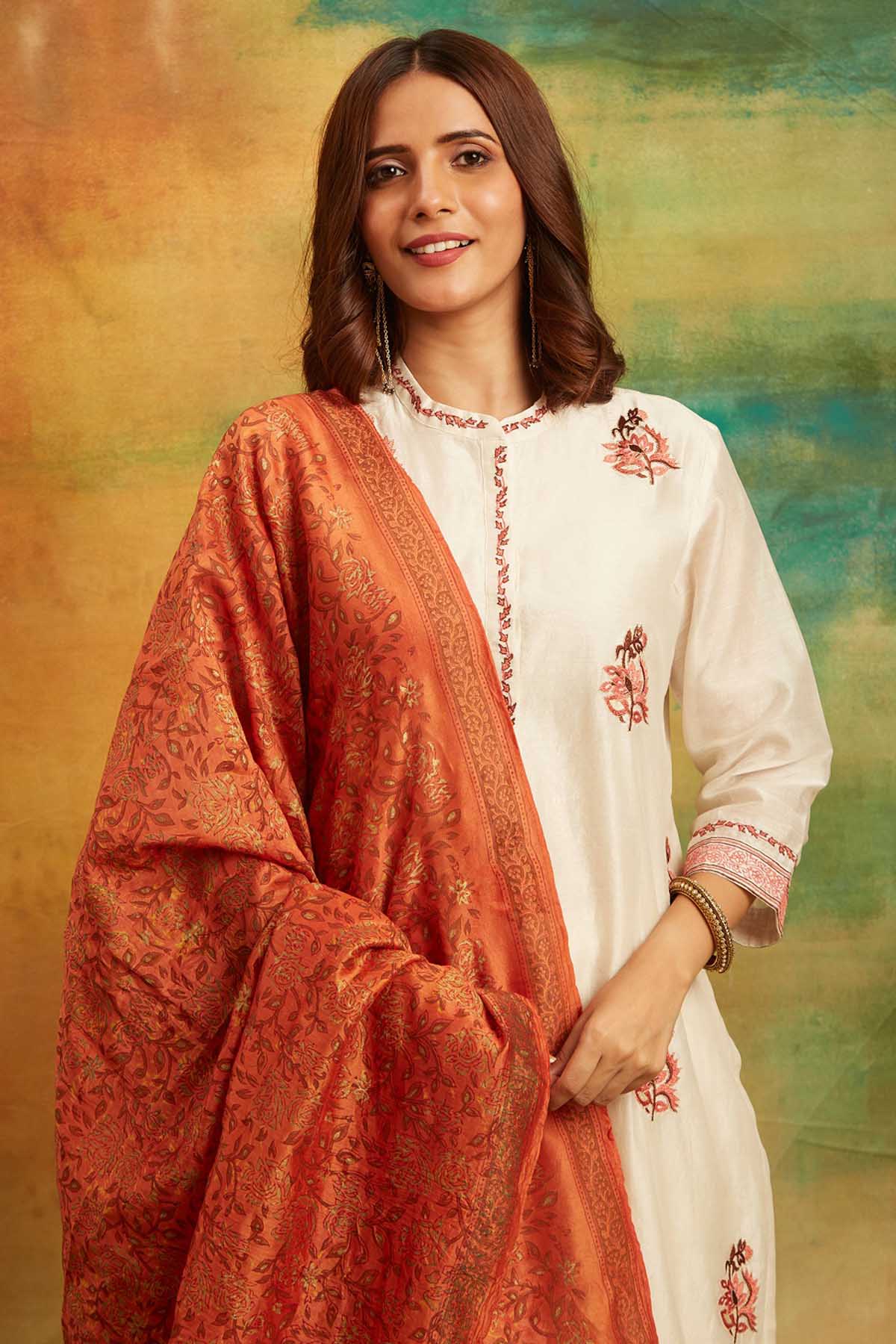 White Chanderi Floral Kurta Set