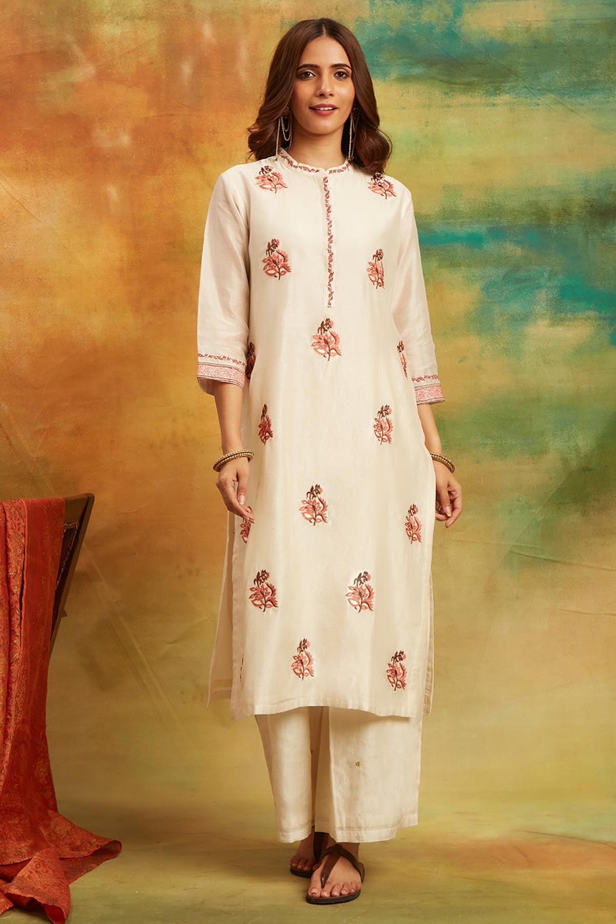 White Chanderi Floral Kurta Set