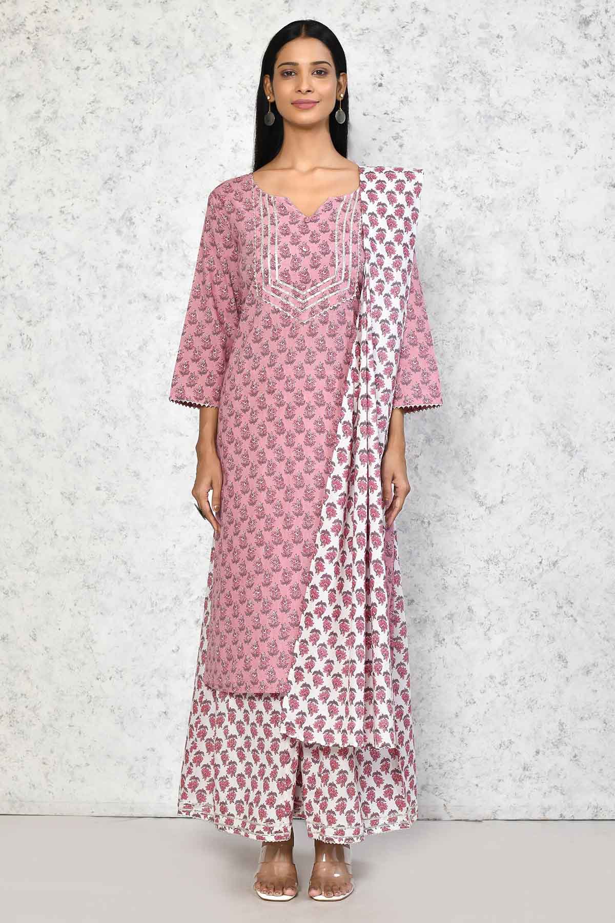 Floral Pink Cotton Kurta Set
