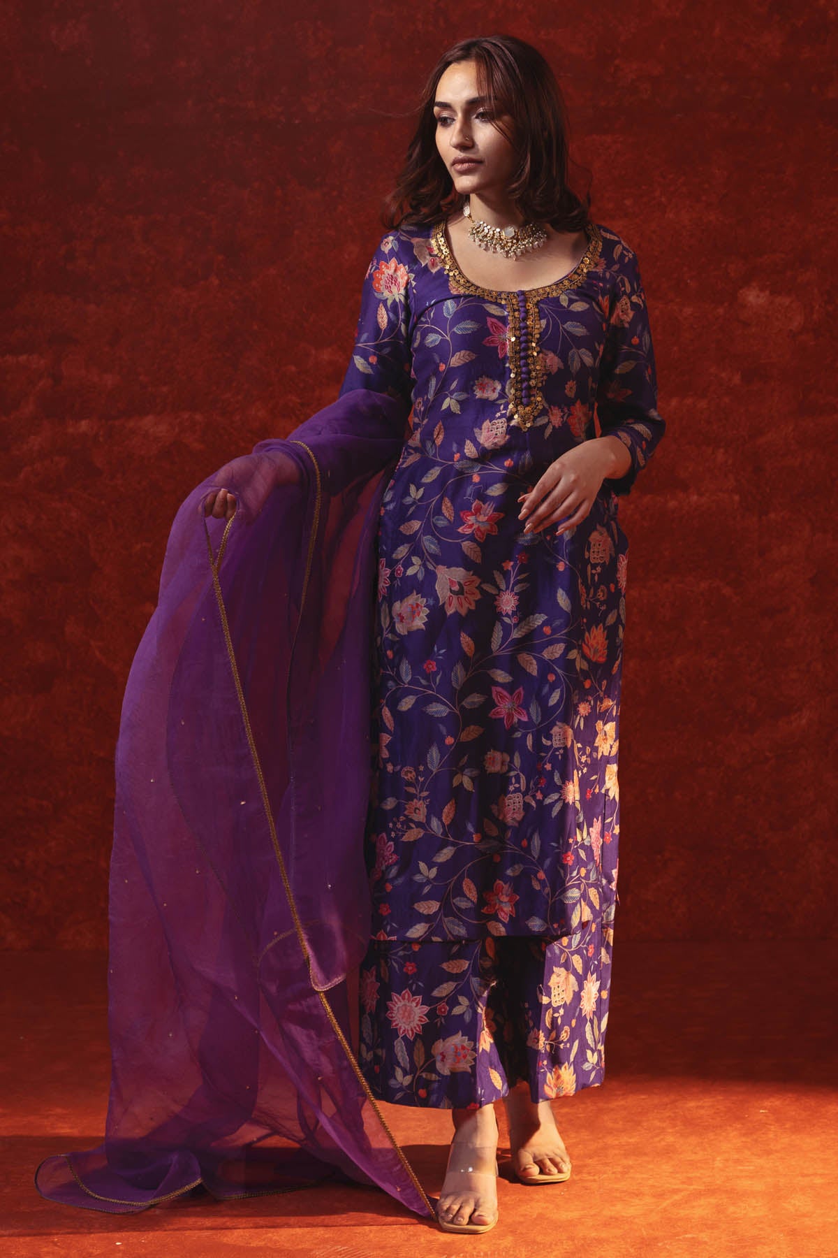 Floral Print Chanderi Kurta Set