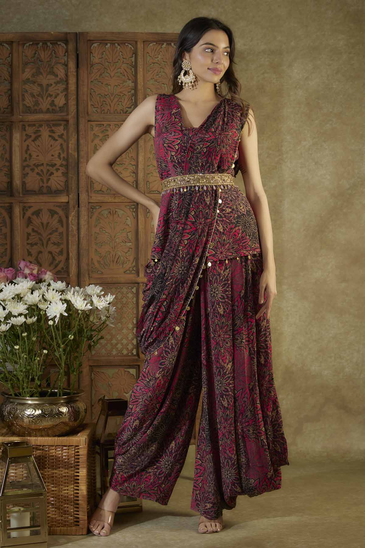 Floral Print Top & Pleated Dhoti