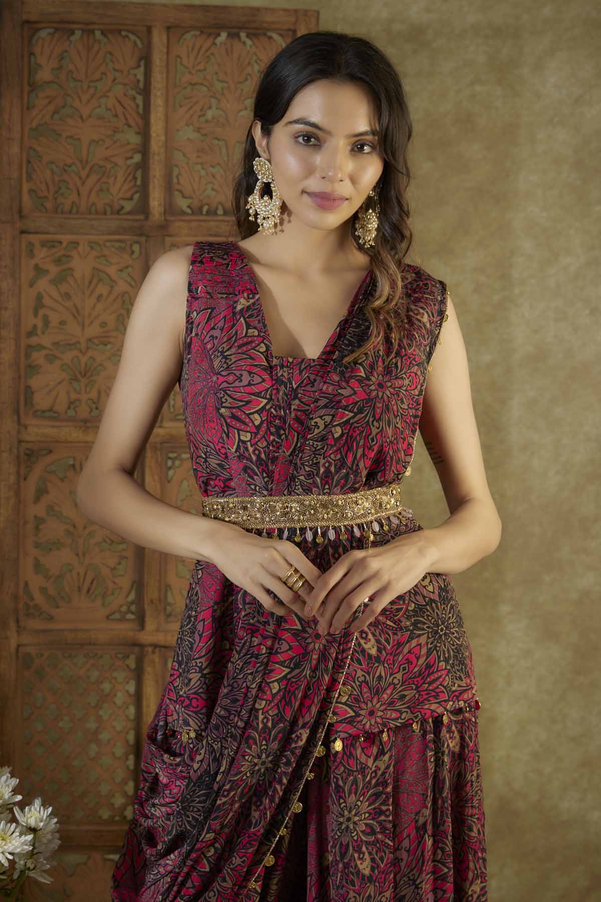 Floral Print Top & Pleated Dhoti