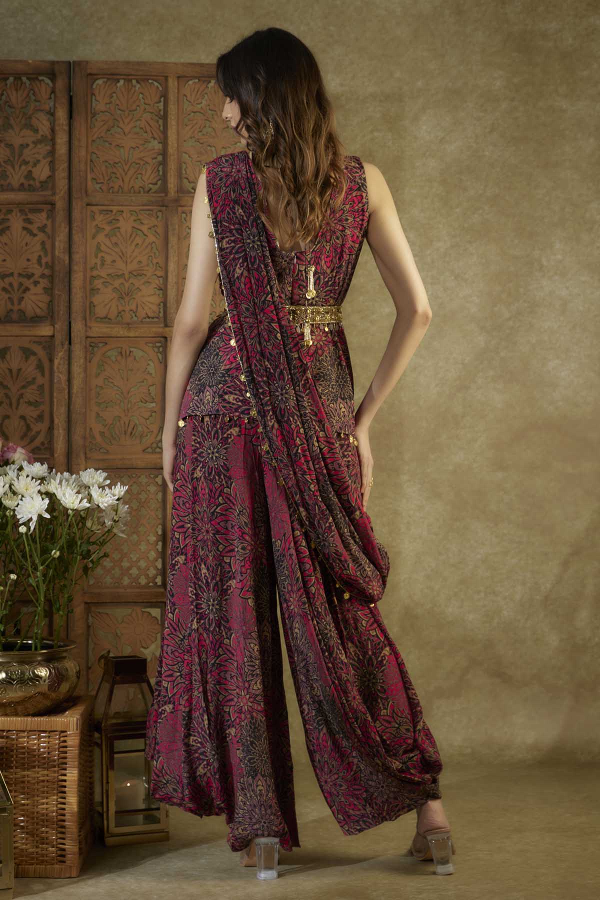 Floral Print Top & Pleated Dhoti