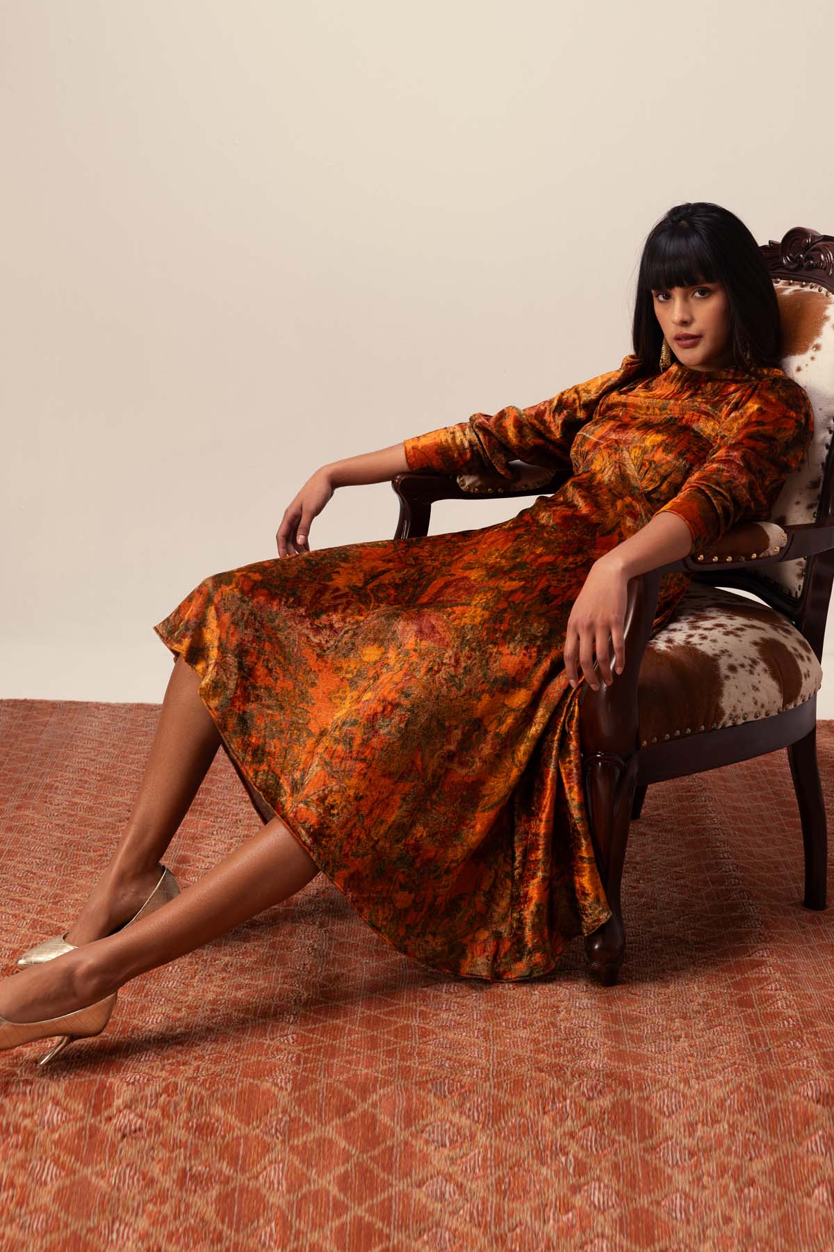 Floral Print Velvet Midi Dress