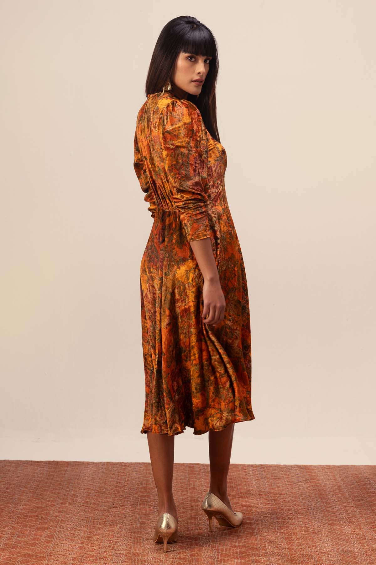 Floral Print Velvet Midi Dress