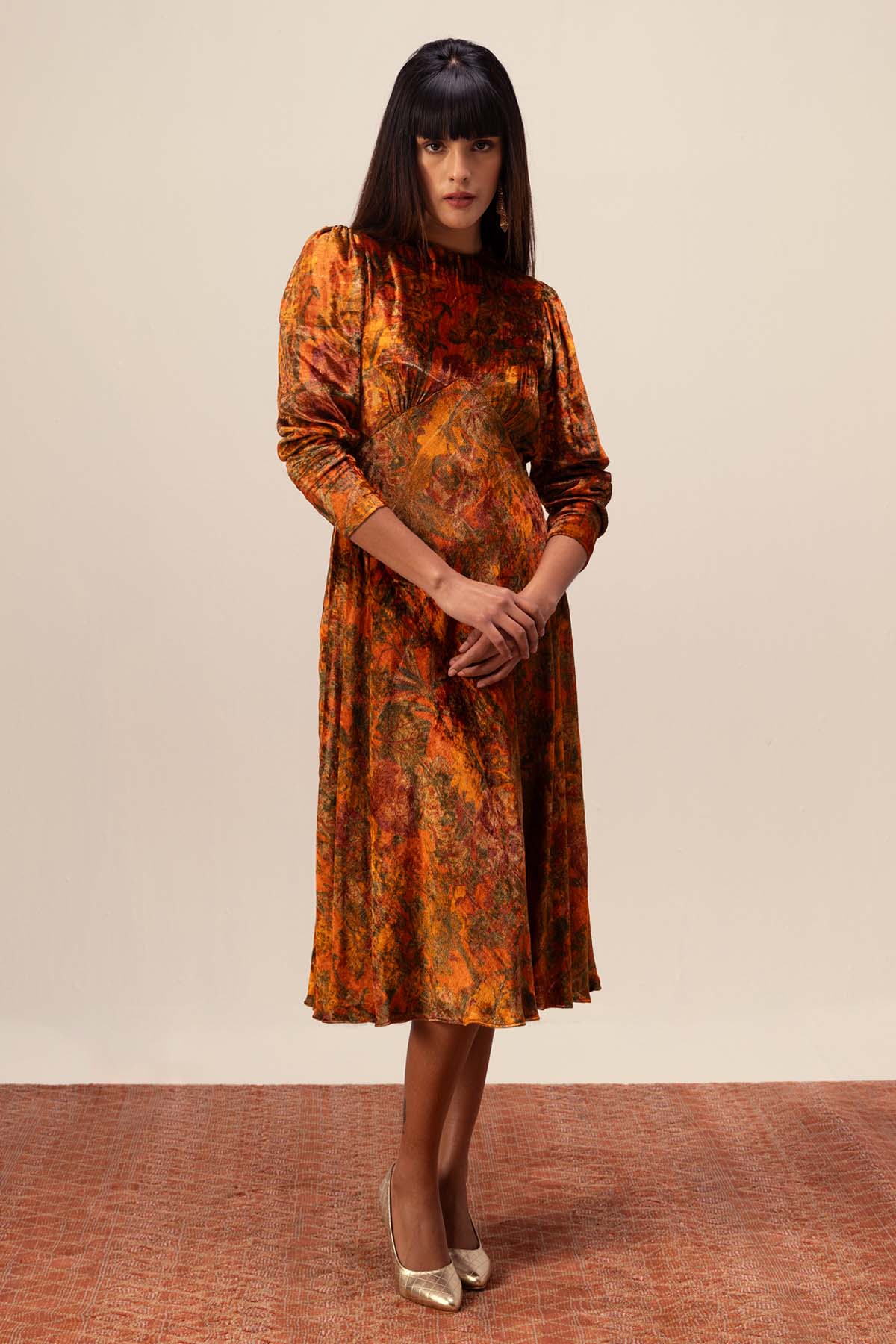 Floral Print Velvet Midi Dress