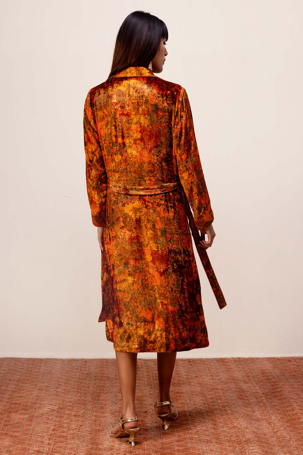 Floral Print Velvet Robe Dress