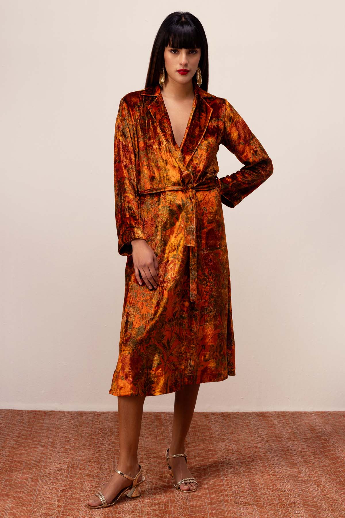 Floral Print Velvet Robe Dress