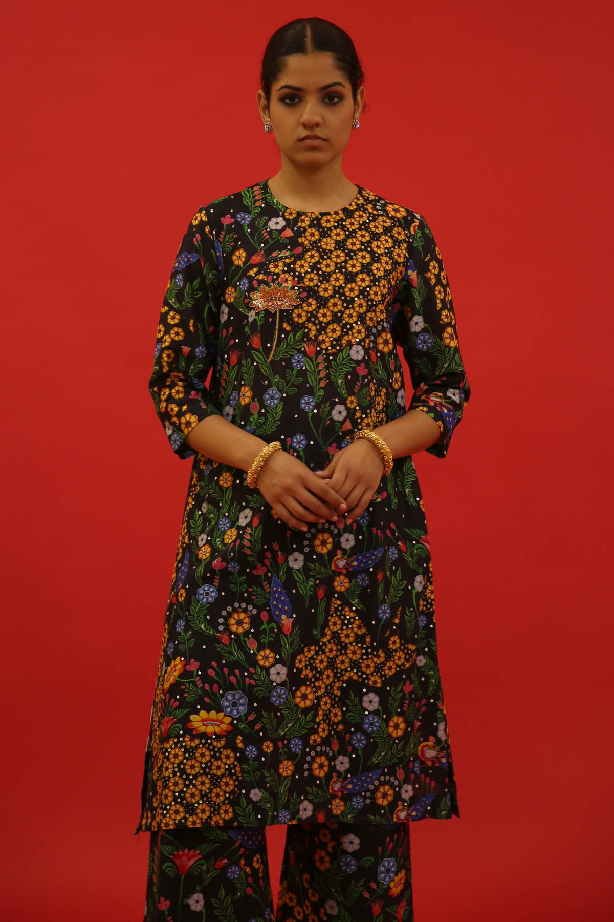 Black Chanderi Print Kurta Set