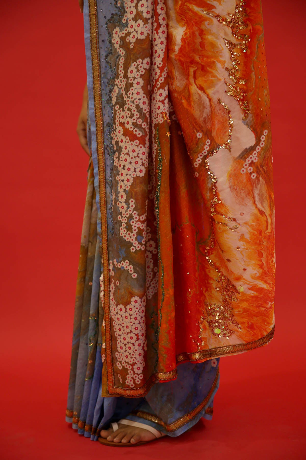 Floral Print & Sequins Saree Set