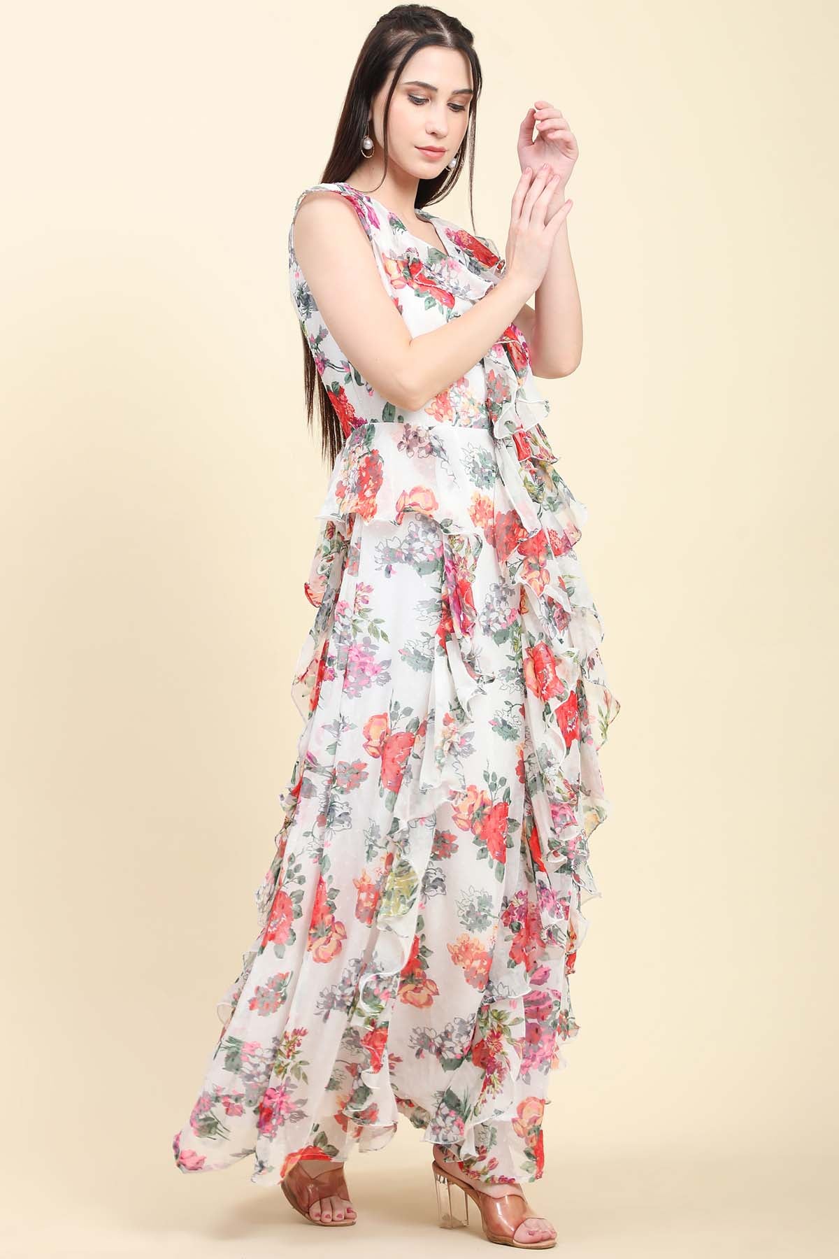 White Floral Printed Ruffle Dress