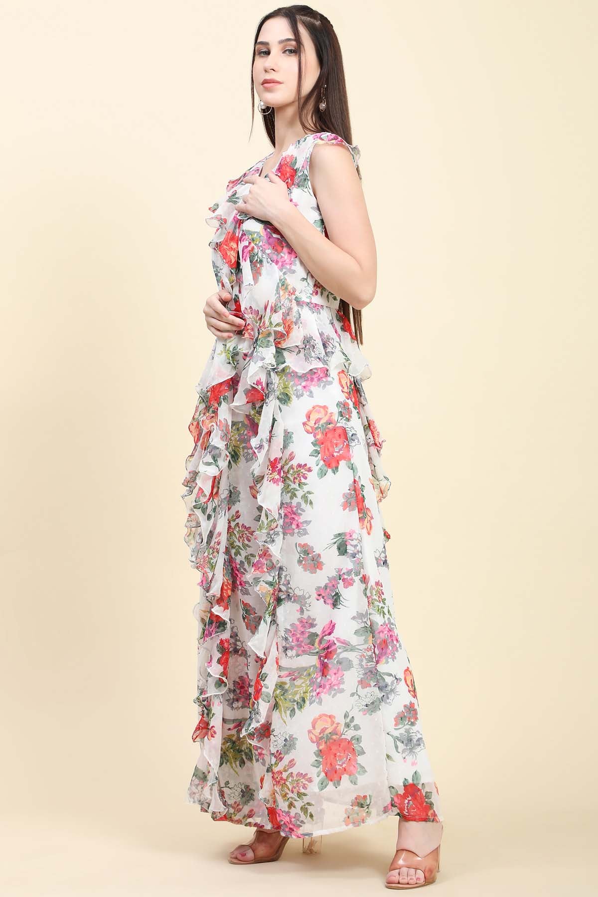 White Floral Printed Ruffle Dress