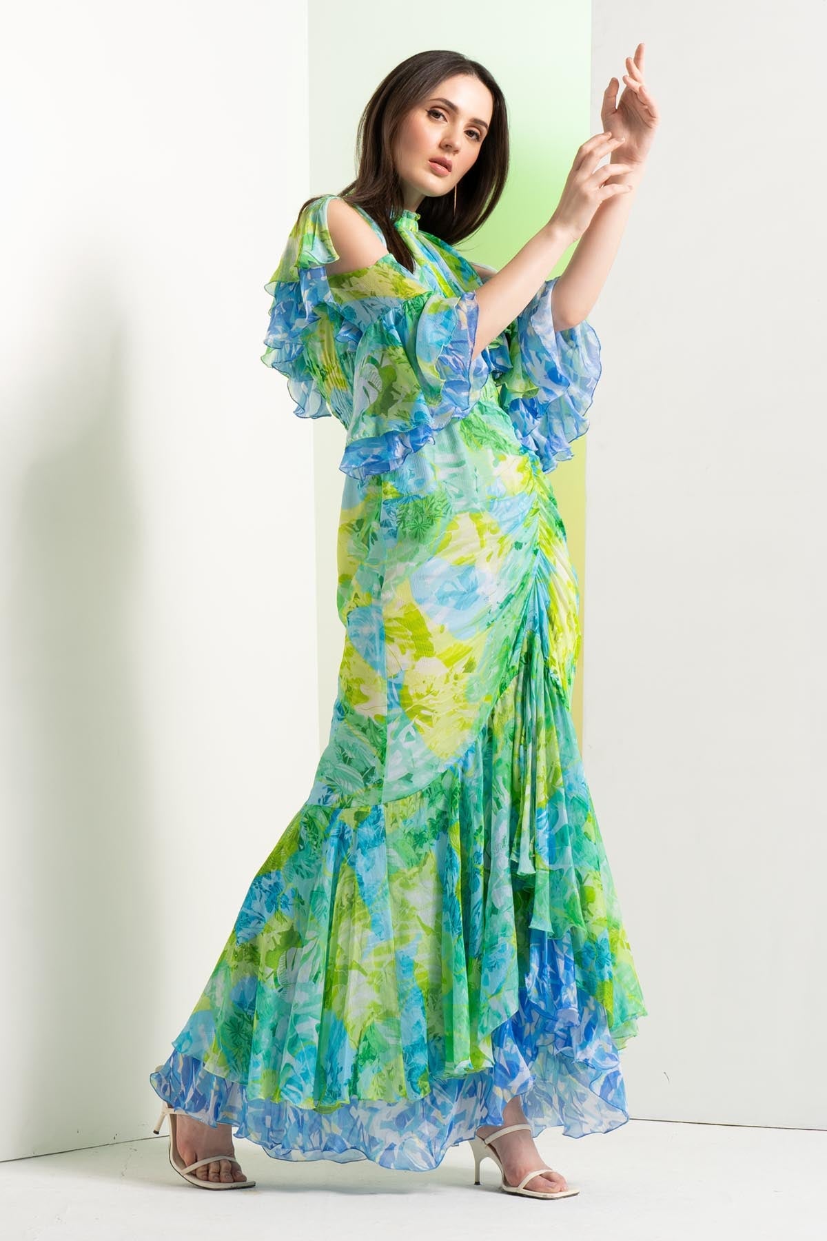 Buy Floral Chiffon Fish Cut Dress by Mandira Wirk