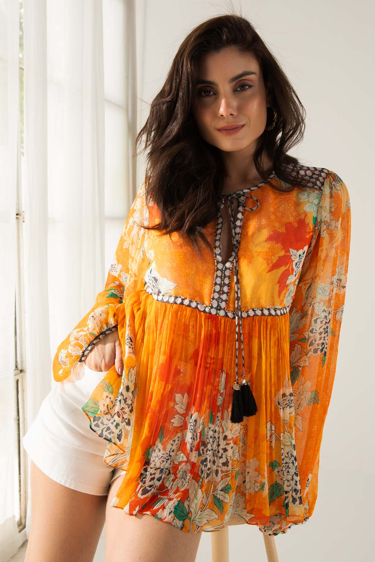 Reena Sharma Floral Chiffon Orange Boho Top For Women Online at ScrollnShops