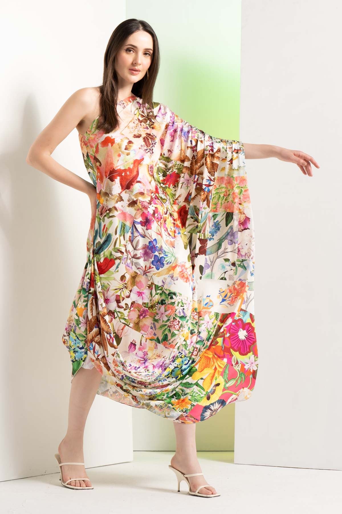 Buy Floral Cowl Drape Kaftan by Mandira Wirk