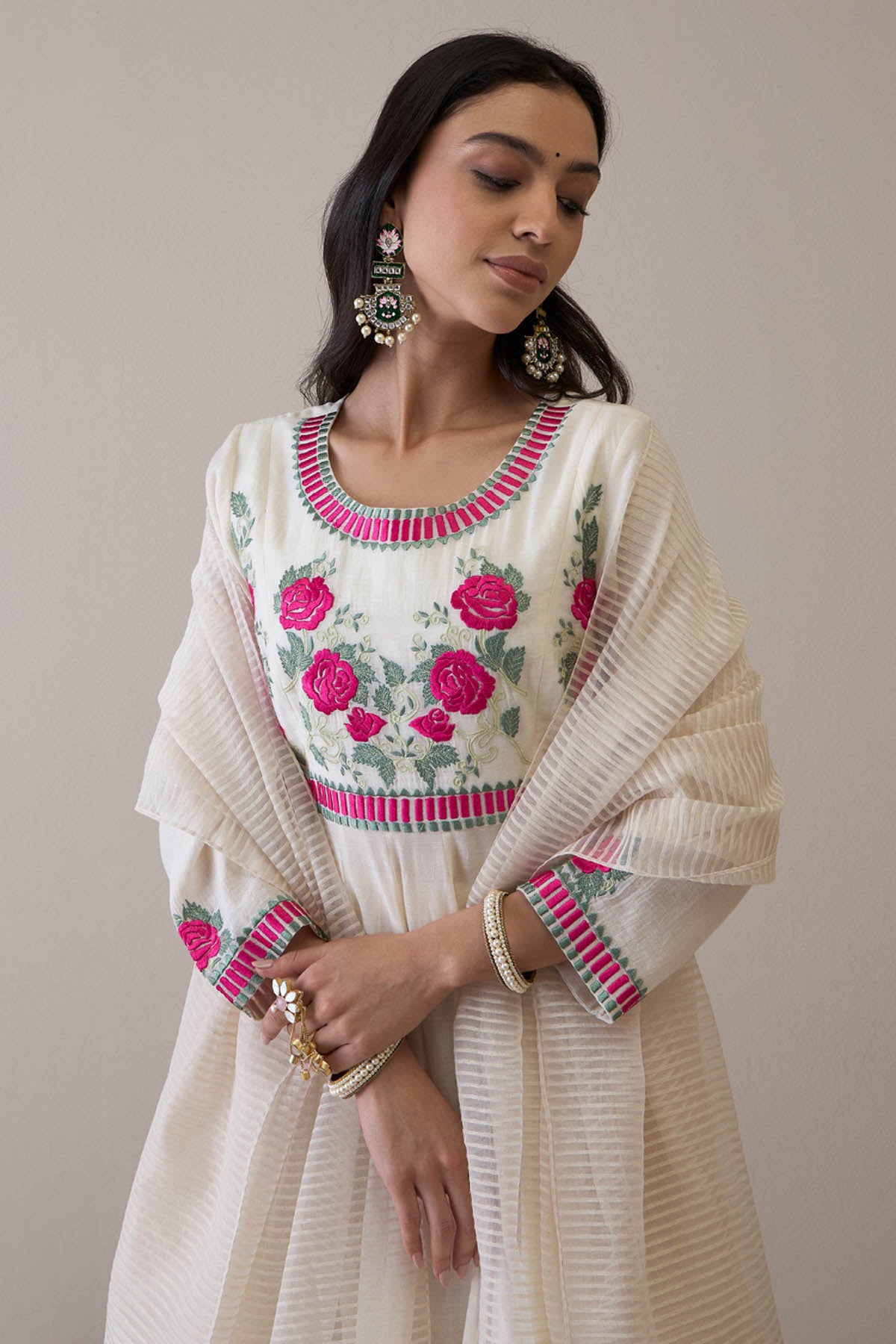 Off-White Silk Anarkali Set