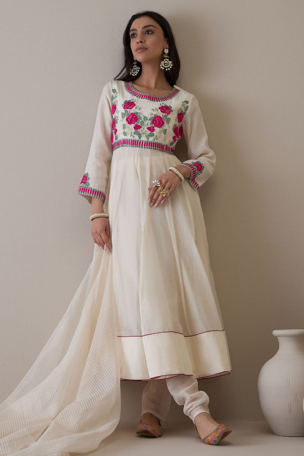 Off-White Silk Anarkali Set