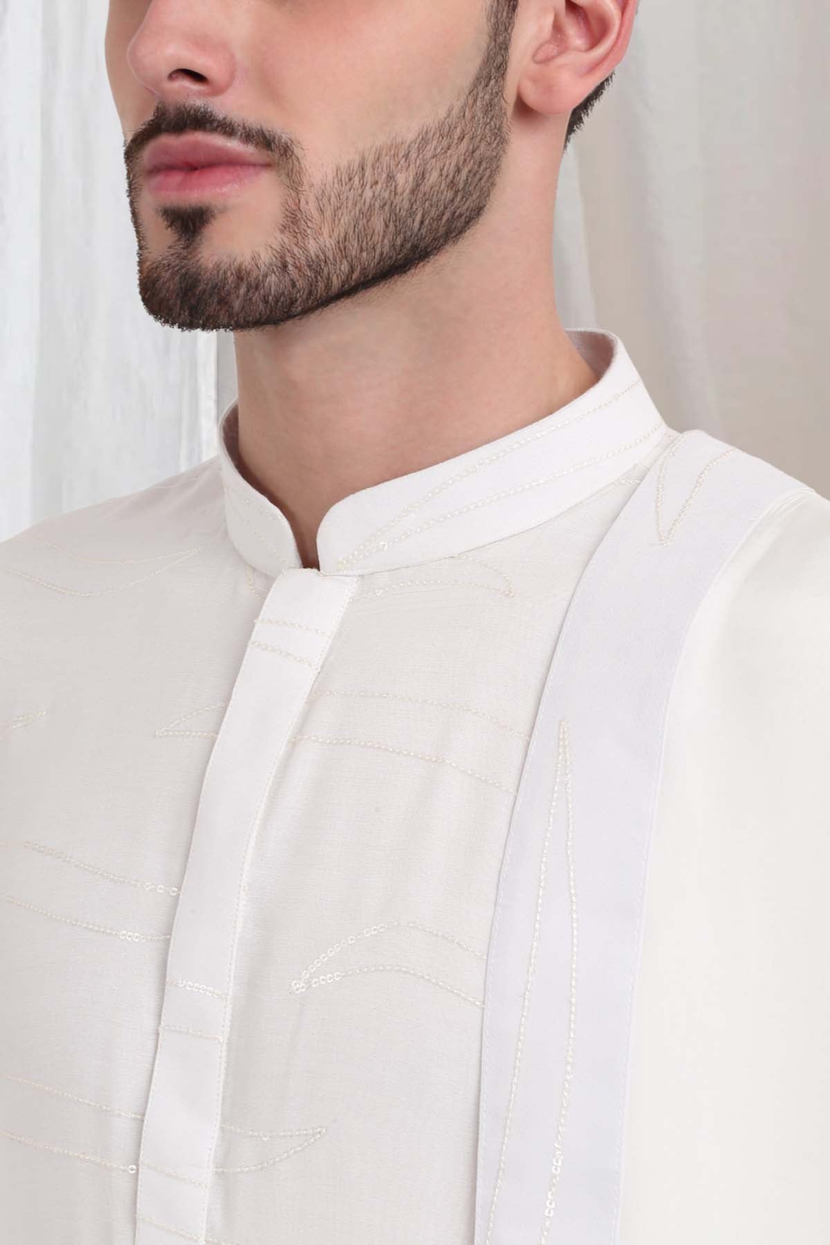 Mandarin Collar White Kurta Set