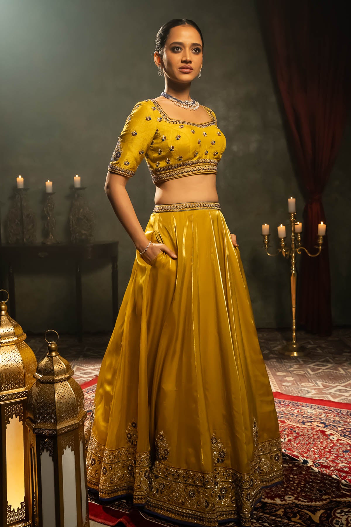 Floral Yellow Tissue Lehenga Set