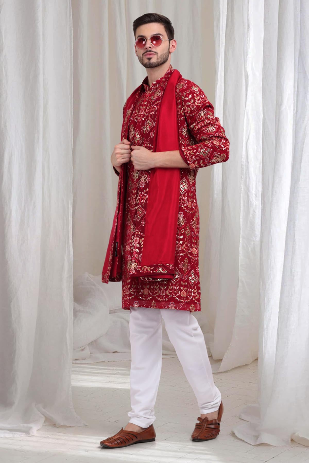 Floral Embroidered Red Kurta Set