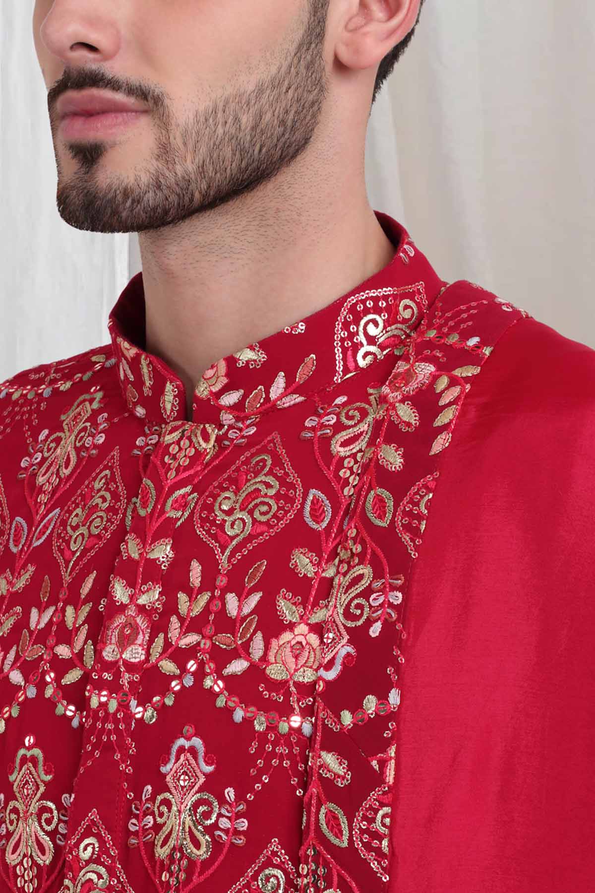 Floral Embroidered Red Kurta Set