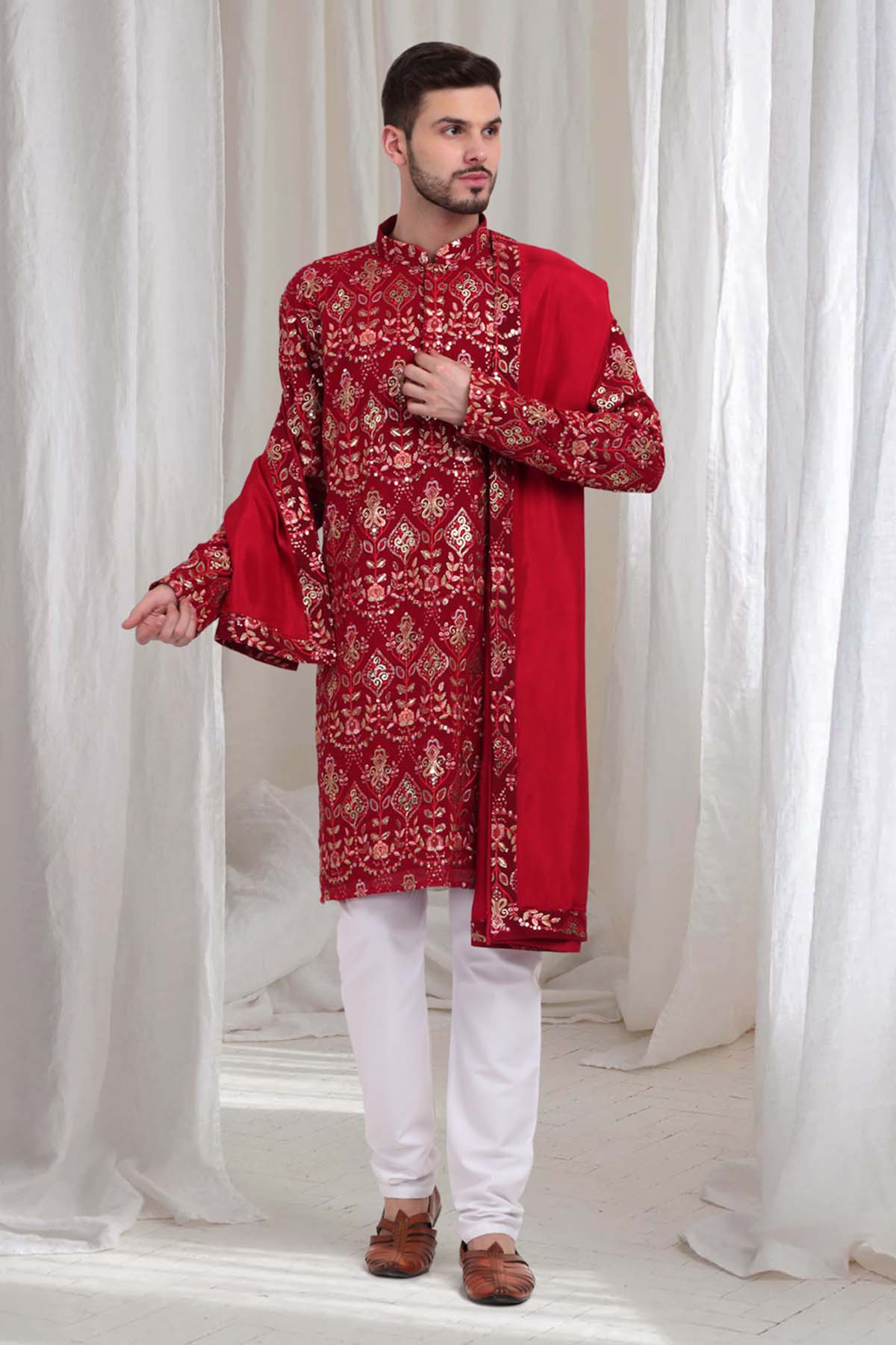 Buy Floral Embroidered Red Kurta Set by Aham Vayam for men online at ScrollnShops